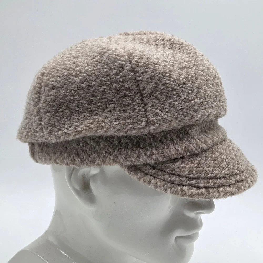 Bordoni Womens Newsboy Cap Beige Wool Blend Herringbone Made in Italy